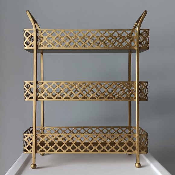 Gold-toned Metal Three Tiered Decorative Organization Tray 13" Tall - Picture 2 of 10